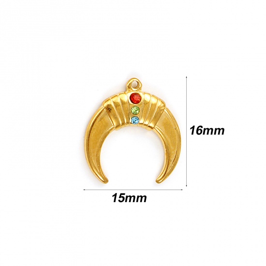 Immagine di 2 Pz Placcatura Sottovuoto PVD Ecologica Impermeabile Anti-Ossidante Ipoallergenico 304 Acciaio Inossidabile Galassia Ciondoli 18K Vero Oro Placcato Luna Nuova Multicolore Strass 16mm x 15mm