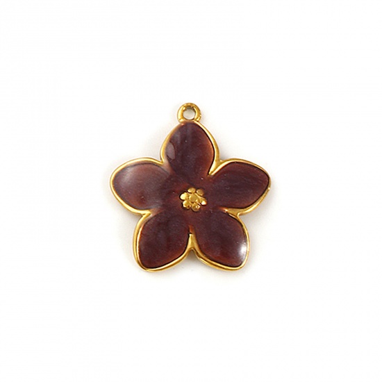Imagen de 2 Unidades Recubrimiento al Vacío PVD Ecológico Impermeable Antioxidante Hipoalergénico 304 Acero Inoxidable Colgantes 18K Oro Real Chapado Café Esmalte Flor Perlado 22.5mm x 21mm