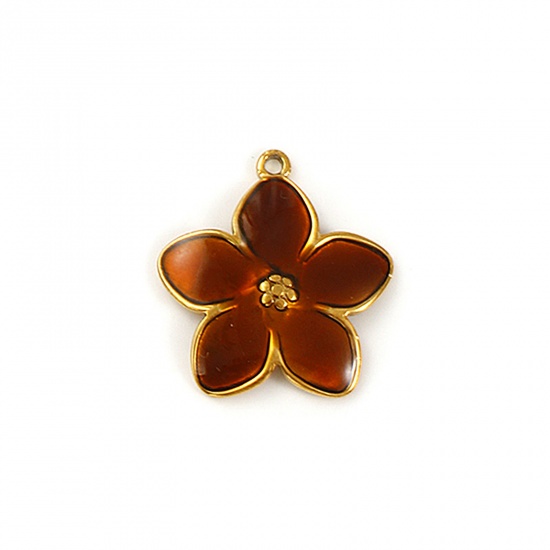 Imagen de 2 Unidades Recubrimiento al Vacío PVD Ecológico Impermeable Antioxidante Hipoalergénico 304 Acero Inoxidable Colgantes 18K Oro Real Chapado Marrón Esmalte Flor 22.5mm x 21mm