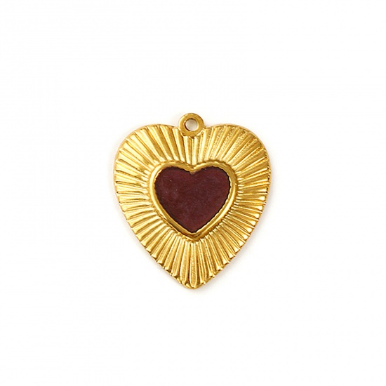 Imagen de 2 Unidades Recubrimiento al Vacío PVD Ecológico Impermeable Antioxidante Hipoalergénico 304 Acero Inoxidable día de San Valentín Colgantes 18K Oro Real Chapado Café Esmalte Corazón Perlado 26mm x 23mm