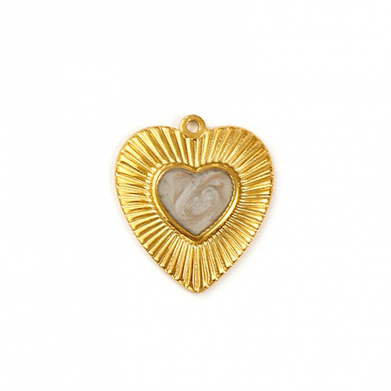 Imagen de 2 Unidades Recubrimiento al Vacío PVD Ecológico Impermeable Antioxidante Hipoalergénico 304 Acero Inoxidable día de San Valentín Colgantes 18K Oro Real Chapado Gris Esmalte Corazón Perlado 26mm x 23mm