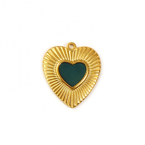 Imagen de 2 Unidades Recubrimiento al Vacío PVD Ecológico Impermeable Antioxidante Hipoalergénico 304 Acero Inoxidable día de San Valentín Colgantes 18K Oro Real Chapado Verde Oscuro Esmalte Corazón 26mm x 23mm