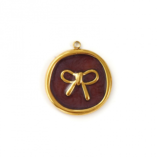 Imagen de 2 Unidades Recubrimiento al Vacío PVD Ecológico Impermeable Antioxidante Hipoalergénico 304 Acero Inoxidable Colgantes 18K Oro Real Chapado Café Esmalte Ronda Disco Nudo Mariposa Perlado 27mm x 24mm
