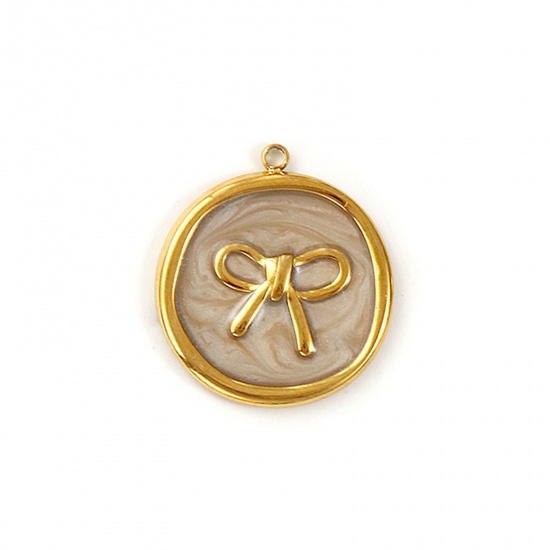 Imagen de 2 Unidades Recubrimiento al Vacío PVD Ecológico Impermeable Antioxidante Hipoalergénico 304 Acero Inoxidable Colgantes 18K Oro Real Chapado Gris Esmalte Ronda Disco Nudo Mariposa Perlado 27mm x 24mm