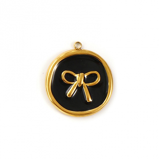 Imagen de 2 Unidades Recubrimiento al Vacío PVD Ecológico Impermeable Antioxidante Hipoalergénico 304 Acero Inoxidable Colgantes 18K Oro Real Chapado Negro Esmalte Ronda Disco Nudo Mariposa 27mm x 24mm