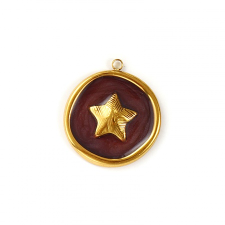 Imagen de 2 Unidades Recubrimiento al Vacío PVD Ecológico Impermeable Antioxidante Hipoalergénico 304 Acero Inoxidable Colgantes 18K Oro Real Chapado Café Esmalte Ronda Disco Estrellas de cinco puntos Perlado 27mm x 24mm