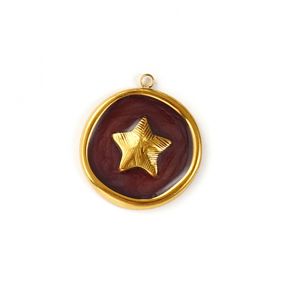 Imagen de 2 Unidades Recubrimiento al Vacío PVD Ecológico Impermeable Antioxidante Hipoalergénico 304 Acero Inoxidable Colgantes 18K Oro Real Chapado Café Esmalte Ronda Disco Estrellas de cinco puntos Perlado 27mm x 24mm