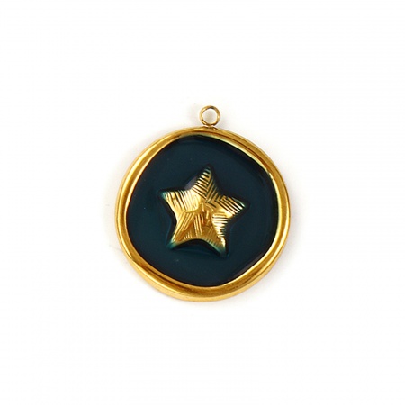 Imagen de 2 Unidades Recubrimiento al Vacío PVD Ecológico Impermeable Antioxidante Hipoalergénico 304 Acero Inoxidable Colgantes 18K Oro Real Chapado Verde Oscuro Esmalte Ronda Disco Estrellas de cinco puntos 27mm x 24mm