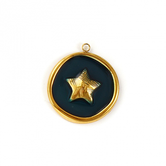 Imagen de 2 Unidades Recubrimiento al Vacío PVD Ecológico Impermeable Antioxidante Hipoalergénico 304 Acero Inoxidable Colgantes 18K Oro Real Chapado Verde Oscuro Esmalte Ronda Disco Estrellas de cinco puntos 27mm x 24mm