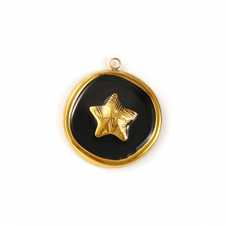 Imagen de 2 Unidades Recubrimiento al Vacío PVD Ecológico Impermeable Antioxidante Hipoalergénico 304 Acero Inoxidable Colgantes 18K Oro Real Chapado Negro Esmalte Ronda Disco Estrellas de cinco puntos 27mm x 24mm