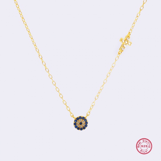 Picture of 1 Piece Sterling Silver Religious Pendant Charm Necklace 18K Gold Plated Cross Evil Eye Deep Blue Cubic Zirconia Micro Pave 40cm(15.7") + 5cm(2") long
