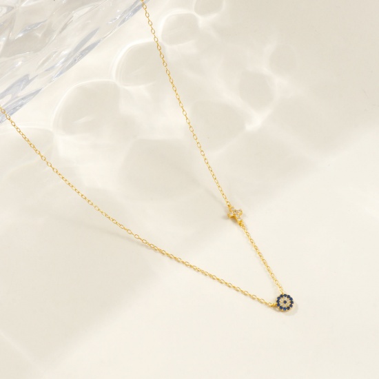 Picture of 1 Piece Sterling Silver Religious Pendant Charm Necklace 18K Gold Plated Cross Evil Eye Deep Blue Cubic Zirconia Micro Pave 40cm(15.7") + 5cm(2") long