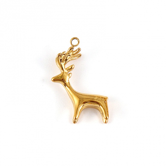 Picture of 1 Piece Eco-friendly PVD Vacuum Plating Waterproof Anti-Tarnish Hypoallergenic 304 Stainless Steel Charms 18K Real Gold Plated Christmas Reindeer 3D 21mm x 14mm