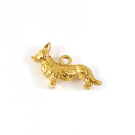 Picture of 1 Piece Eco-friendly PVD Vacuum Plating Waterproof Anti-Tarnish Hypoallergenic 304 Stainless Steel Charms 18K Real Gold Plated Corrci Dog 3D 27mm x 17mm