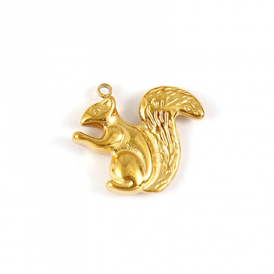 Picture of 1 Piece Eco-friendly PVD Vacuum Plating Waterproof Anti-Tarnish Hypoallergenic 304 Stainless Steel Charms 18K Real Gold Plated Squirrel Animal 3D 21mm x 18mm