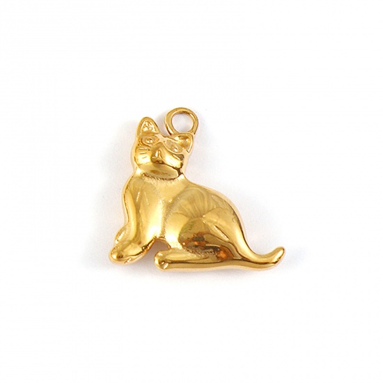 Picture of 1 Piece Eco-friendly PVD Vacuum Plating Waterproof Anti-Tarnish Hypoallergenic 304 Stainless Steel Charms 18K Real Gold Plated Cat Animal 3D 21mm x 20mm