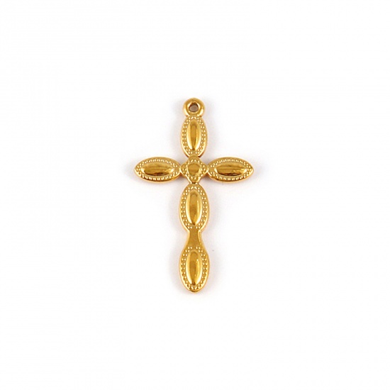 Picture of 1 Piece Eco-friendly PVD Vacuum Plating Waterproof Anti-Tarnish Hypoallergenic 304 Stainless Steel Religious Pendants 18K Real Gold Plated Cross 3.5cm x 2.1cm