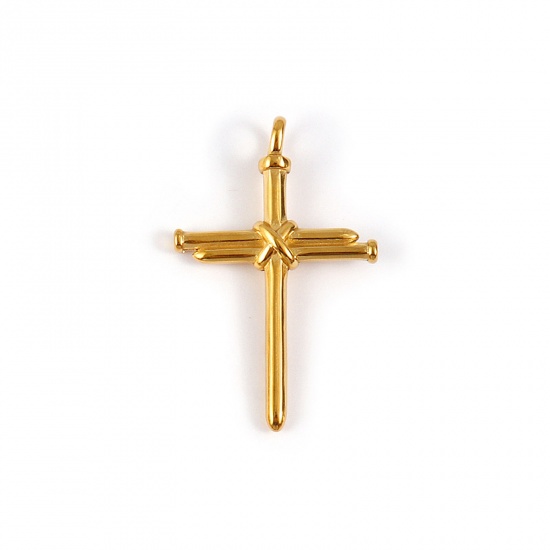 Picture of 1 Piece Eco-friendly PVD Vacuum Plating Waterproof Anti-Tarnish Hypoallergenic 304 Stainless Steel Religious Pendants 18K Real Gold Plated Cross 5.5cm x 3.5cm
