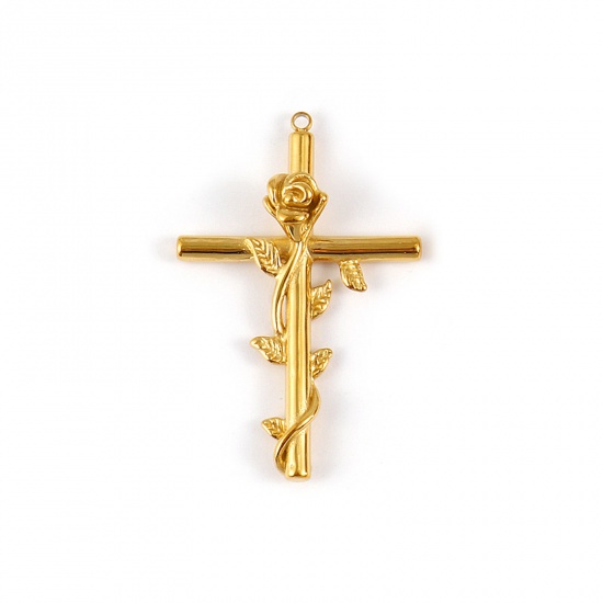 Picture of 1 Piece Eco-friendly PVD Vacuum Plating Waterproof Anti-Tarnish Hypoallergenic 304 Stainless Steel Religious Pendants 18K Real Gold Plated Cross Rose Flower 5.8cm x 3.8cm
