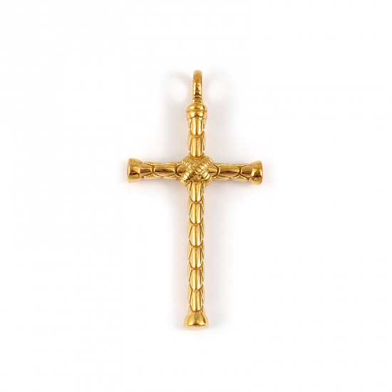 Picture of 1 Piece Eco-friendly PVD Vacuum Plating Waterproof Anti-Tarnish Hypoallergenic 304 Stainless Steel Religious Pendants 18K Real Gold Plated Cross 6.6cm x 3.4cm