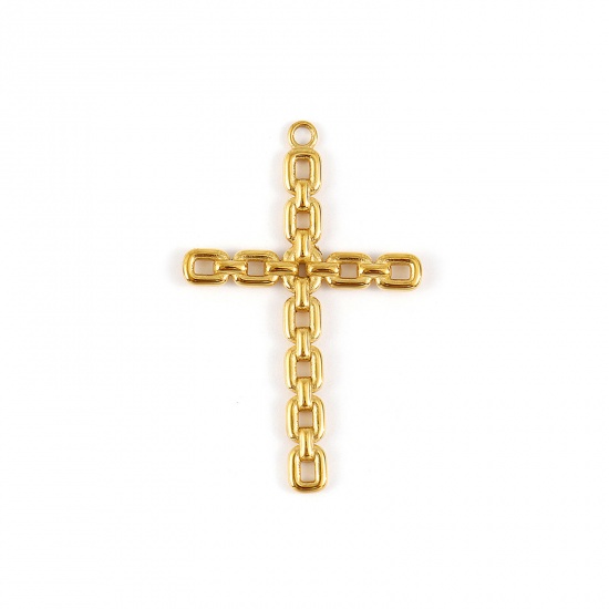 Picture of 1 Piece Eco-friendly PVD Vacuum Plating Waterproof Anti-Tarnish Hypoallergenic 304 Stainless Steel Religious Pendants 18K Real Gold Plated Cross Hollow 4.9cm x 3.1cm