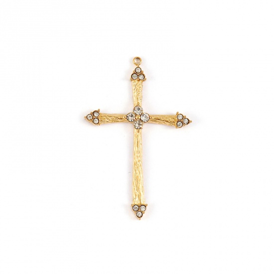 Picture of 1 Piece Eco-friendly PVD Vacuum Plating Waterproof Anti-Tarnish Hypoallergenic 304 Stainless Steel Religious Pendants 18K Real Gold Plated Cross Micro Pave Clear Cubic Zirconia 4.3cm x 2.8cm