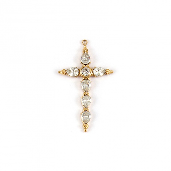 Picture of 1 Piece Eco-friendly PVD Vacuum Plating Waterproof Anti-Tarnish Hypoallergenic 304 Stainless Steel Religious Pendants 18K Real Gold Plated Cross Clear Cubic Zirconia 3.9cm x 2.3cm