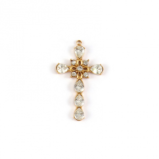 Picture of 1 Piece Eco-friendly PVD Vacuum Plating Waterproof Anti-Tarnish Hypoallergenic 304 Stainless Steel Religious Pendants 18K Real Gold Plated Cross Flower Clear Cubic Zirconia 3.4cm x 2cm