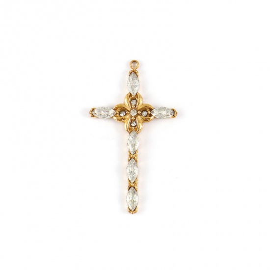 Picture of 1 Piece Eco-friendly PVD Vacuum Plating Waterproof Anti-Tarnish Hypoallergenic 304 Stainless Steel Religious Pendants 18K Real Gold Plated Cross Flower Clear Cubic Zirconia 3.8cm x 2.2cm