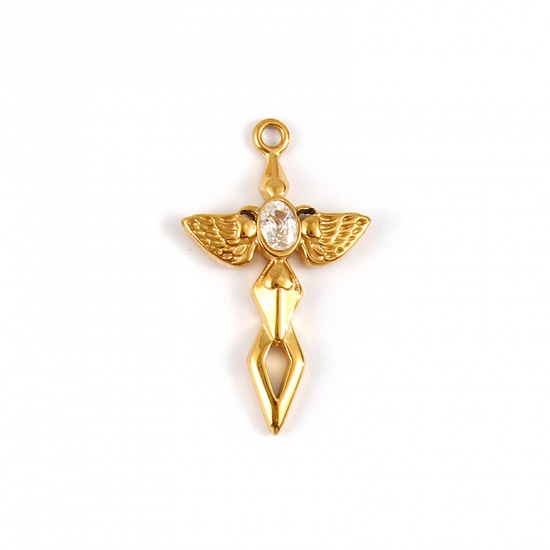 Picture of 1 Piece Eco-friendly PVD Vacuum Plating Waterproof Anti-Tarnish Hypoallergenic 304 Stainless Steel Religious Pendants 18K Real Gold Plated Cross Wing Clear Cubic Zirconia 4.5cm x 2.7cm