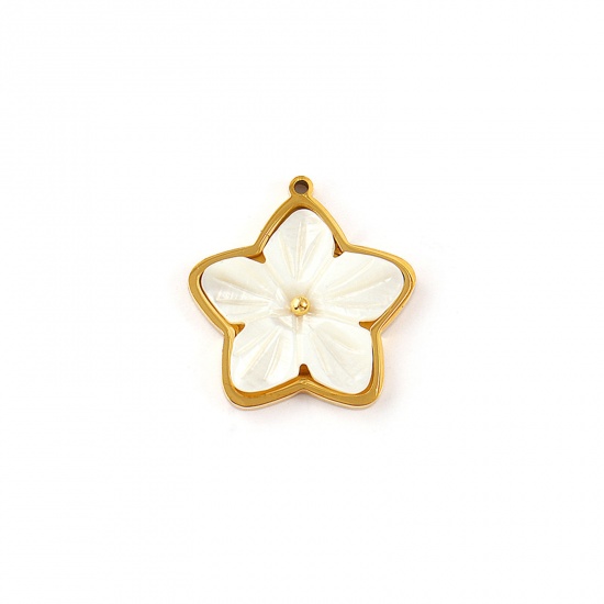 Picture of 2 PCs Eco-friendly PVD Vacuum Plating Waterproof Anti-Tarnish Hypoallergenic 304 Stainless Steel & Natural Shell Charms 18K Real Gold Plated White Flower 24mm x 23mm