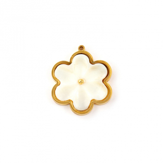 Picture of 2 PCs Eco-friendly PVD Vacuum Plating Waterproof Anti-Tarnish Hypoallergenic 304 Stainless Steel & Natural Shell Charms 18K Real Gold Plated White Flower 29mm x 24mm