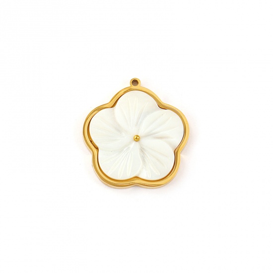 Picture of 2 PCs Eco-friendly PVD Vacuum Plating Waterproof Anti-Tarnish Hypoallergenic 304 Stainless Steel & Natural Shell Charms 18K Real Gold Plated White Flower 27mm x 26mm