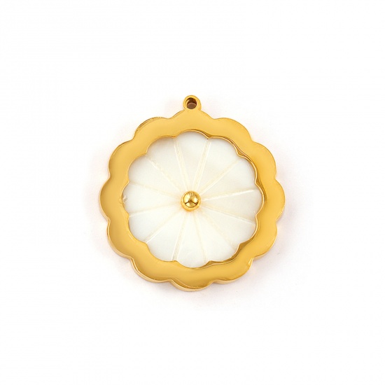 Picture of 2 PCs Eco-friendly PVD Vacuum Plating Waterproof Anti-Tarnish Hypoallergenic 304 Stainless Steel & Natural Shell Pendants 18K Real Gold Plated White Flower 3cm x 2.8cm