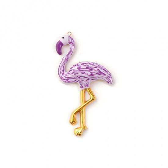 Picture of 1 Piece Eco-friendly PVD Vacuum Plating Waterproof Anti-Tarnish Hypoallergenic 304 Stainless Steel Pendants 18K Real Gold Plated Purple Enamel Flamingo 7.5cm x 4.1cm