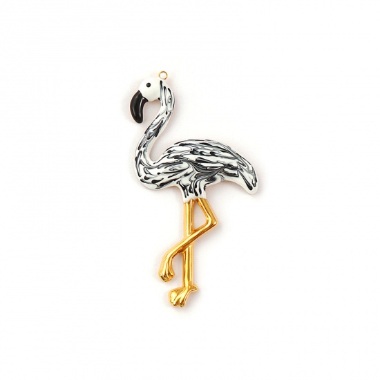 Picture of 1 Piece Eco-friendly PVD Vacuum Plating Waterproof Anti-Tarnish Hypoallergenic 304 Stainless Steel Pendants 18K Real Gold Plated Black & White Enamel Flamingo 7.5cm x 4.1cm