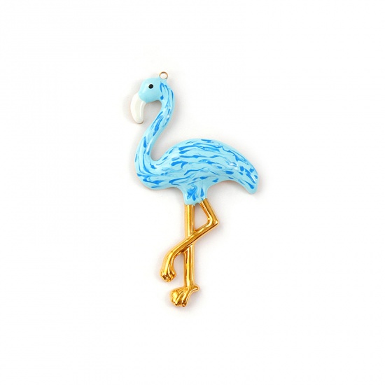 Picture of 1 Piece Eco-friendly PVD Vacuum Plating Waterproof Anti-Tarnish Hypoallergenic 304 Stainless Steel Pendants 18K Real Gold Plated Blue Enamel Flamingo 7.5cm x 4.1cm