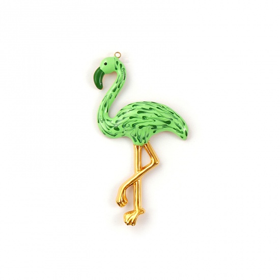 Picture of 1 Piece Eco-friendly PVD Vacuum Plating Waterproof Anti-Tarnish Hypoallergenic 304 Stainless Steel Pendants 18K Real Gold Plated Green Enamel Flamingo 7.5cm x 4.1cm