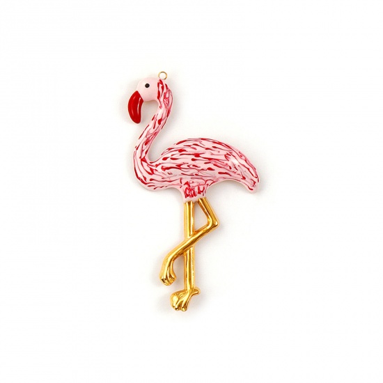 Picture of 1 Piece Eco-friendly PVD Vacuum Plating Waterproof Anti-Tarnish Hypoallergenic 304 Stainless Steel Pendants 18K Real Gold Plated Red Enamel Flamingo 7.5cm x 4.1cm