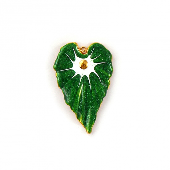 Picture of 1 Piece Eco-friendly PVD Vacuum Plating Waterproof Anti-Tarnish Hypoallergenic 304 Stainless Steel Pendants 18K Real Gold Plated Dark Green Enamel Monstera Leaf Pearlized 4.4cm x 2.9cm