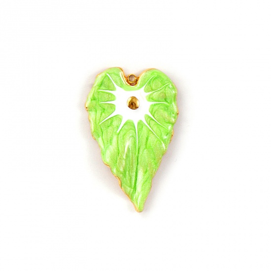 Picture of 1 Piece Eco-friendly PVD Vacuum Plating Waterproof Anti-Tarnish Hypoallergenic 304 Stainless Steel Pendants 18K Real Gold Plated Light Green Enamel Monstera Leaf Pearlized 4.4cm x 2.9cm