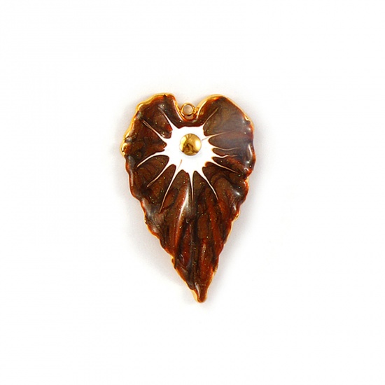Picture of 1 Piece Eco-friendly PVD Vacuum Plating Waterproof Anti-Tarnish Hypoallergenic 304 Stainless Steel Pendants 18K Real Gold Plated Brown Enamel Monstera Leaf Pearlized 4.4cm x 2.9cm