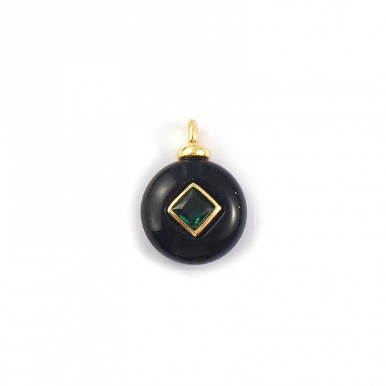 Imagen de 1 Unidad Respetuoso del Medio Ambiente Gema & Latón Geométrico Colgantes Al Por Mayor 18K Oro Real Chapado Negro Ronda Verde Circón Artificial 18mm x 13mm