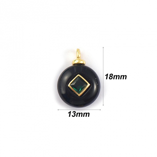Imagen de 1 Unidad Respetuoso del Medio Ambiente Gema & Latón Geométrico Colgantes Al Por Mayor 18K Oro Real Chapado Negro Ronda Verde Circón Artificial 18mm x 13mm