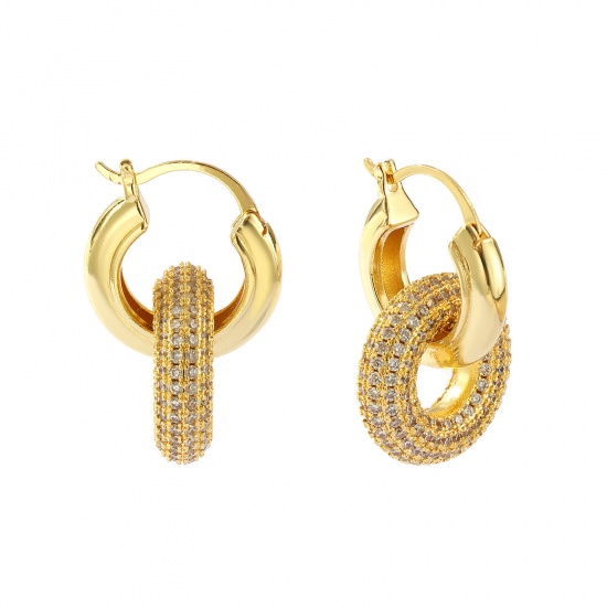 1 Pair Eco-friendly Stylish Exquisite 18K Real Gold Plated Brass & Cubic Zirconia Circle Ring Micro Pave Earrings For Women Gift 3.4cm x 2.3cm, Post/ Wire Size: 0.6mm(23 gauge) の画像