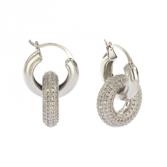 1 Pair Eco-friendly Stylish Exquisite Real Platinum Plated Brass & Cubic Zirconia Circle Ring Micro Pave Earrings For Women Gift 3.4cm x 2.3cm, Post/ Wire Size: 0.6mm(23 gauge) の画像