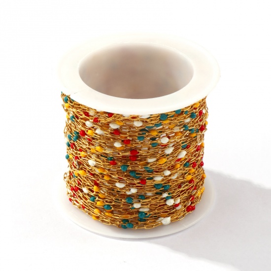 Picture of 10 M (Approx 32.81 Foot) Eco-friendly PVD Vacuum Plating Waterproof Anti-Tarnish Hypoallergenic 304 Stainless Steel Enamel Paperclip Link Chain For Handmade DIY Jewelry Making Findings 18K Real Gold Plated Multicolor 1.4mm