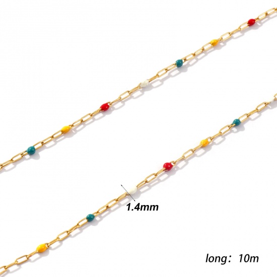 Picture of 10 M (Approx 32.81 Foot) Eco-friendly PVD Vacuum Plating Waterproof Anti-Tarnish Hypoallergenic 304 Stainless Steel Enamel Paperclip Link Chain For Handmade DIY Jewelry Making Findings 18K Real Gold Plated Multicolor 1.4mm