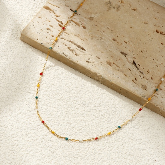 Picture of 10 M (Approx 32.81 Foot) Eco-friendly PVD Vacuum Plating Waterproof Anti-Tarnish Hypoallergenic 304 Stainless Steel Enamel Paperclip Link Chain For Handmade DIY Jewelry Making Findings 18K Real Gold Plated Multicolor 1.4mm