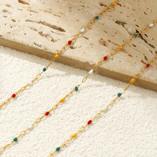 Picture of 10 M (Approx 32.81 Foot) Eco-friendly PVD Vacuum Plating Waterproof Anti-Tarnish Hypoallergenic 304 Stainless Steel Enamel Paperclip Link Chain For Handmade DIY Jewelry Making Findings 18K Real Gold Plated Multicolor 1.4mm